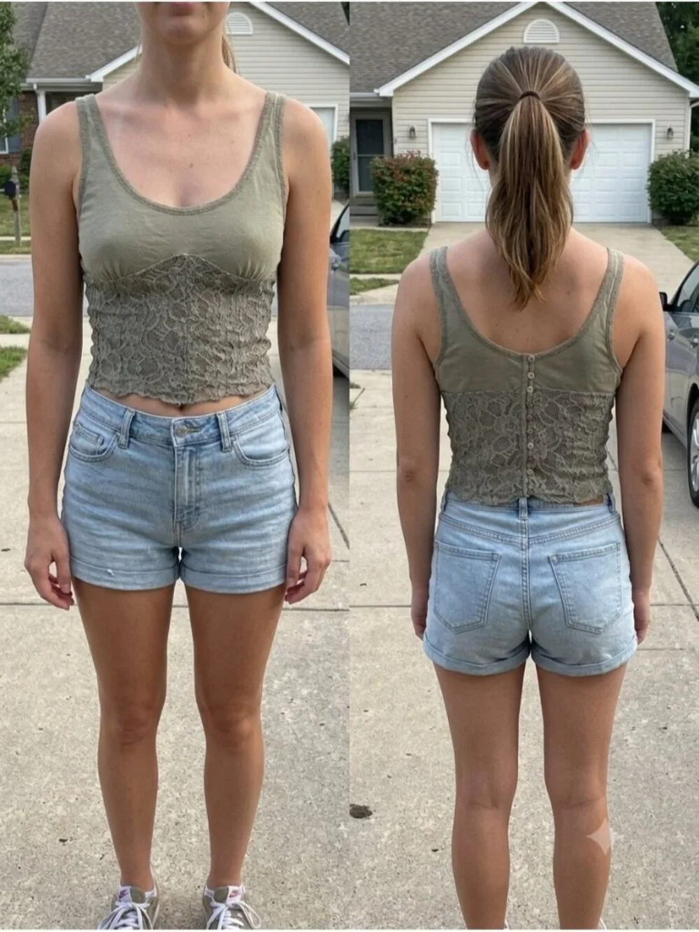 Free People Lace Cropped Tank Top M Green Fairygrunge Button Back Camisole Cami